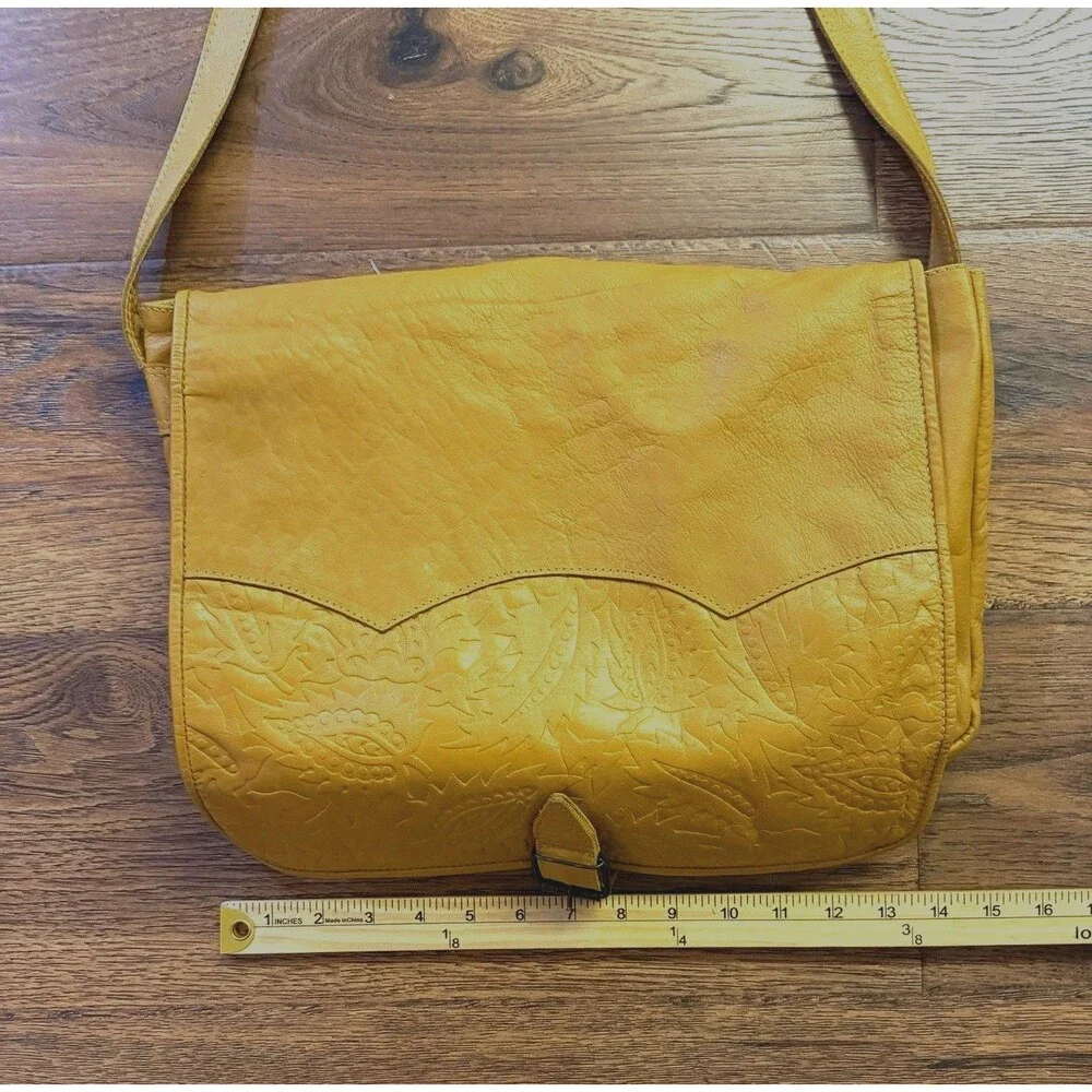 Barganza Genuine Leather Mustard Yellow Embossed Paisley Messenger Bag